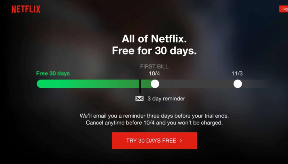 Netflix不再提供新用户30天试用期