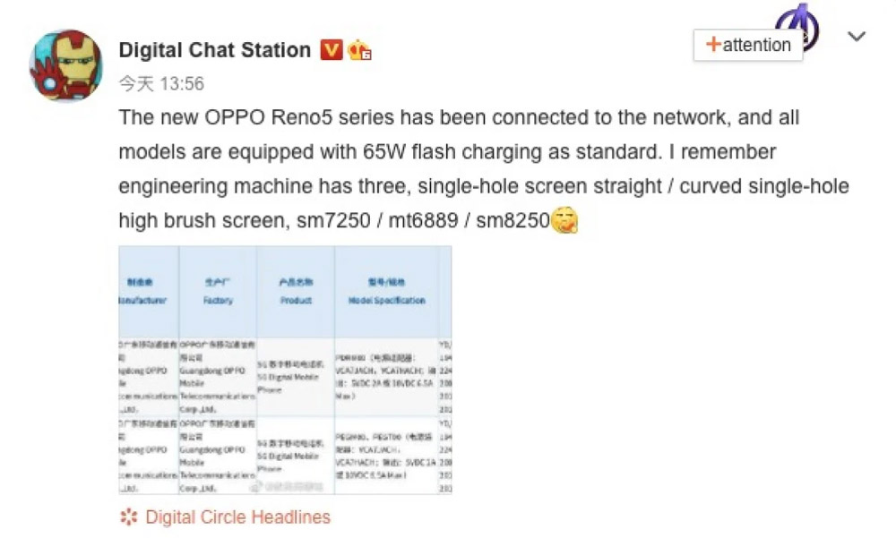 OPPO Reno 5系列处理器曝光