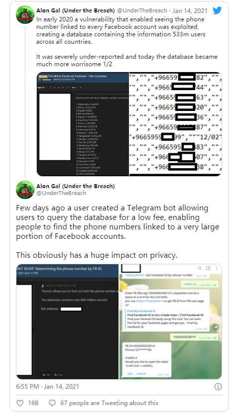 逾5亿FB用户电话号码被曝在Telegram出售