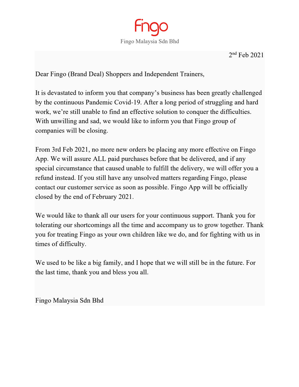 Fingo Malaysia宣布倒闭