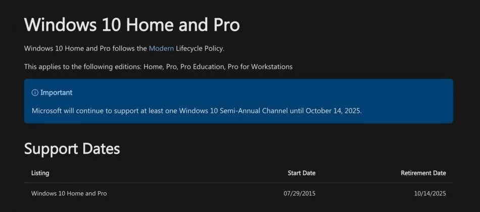 Microsoft将在2025年终止Windows 10支持
