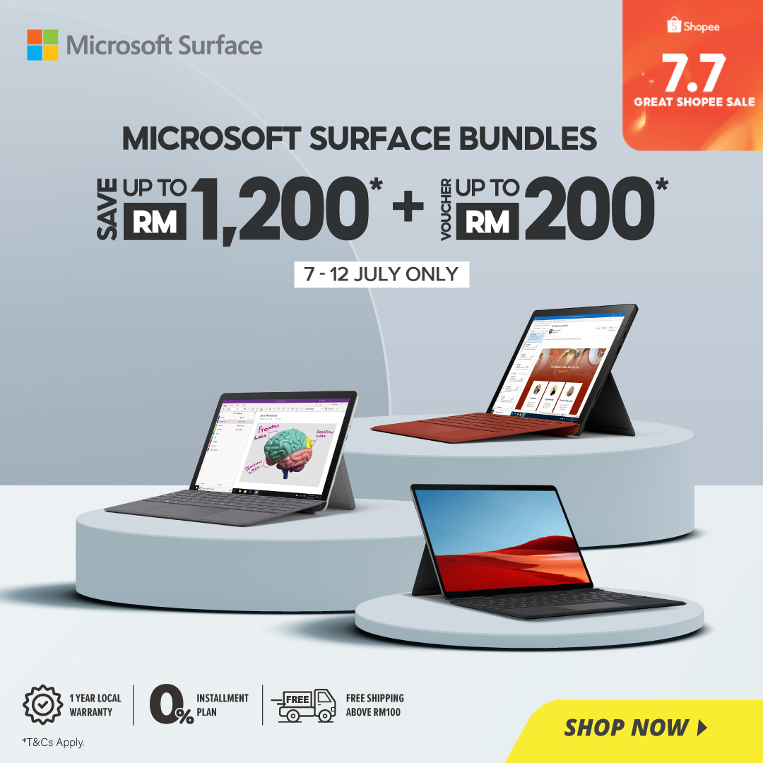 Microsoft Surface笔电配合Shopee 7.7 Mega Sales，让你节省高达RM1200！