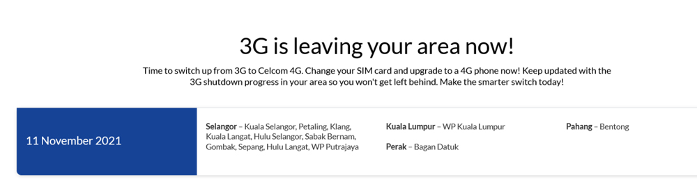 Celcom 11月11起关闭雪隆多个地区3G网络