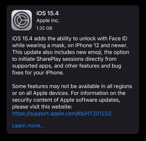 iOS 15.4正式版发布：支持戴口罩FaceID解锁！ 1