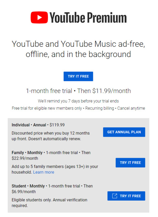 YouTube Premium家庭方案涨价25