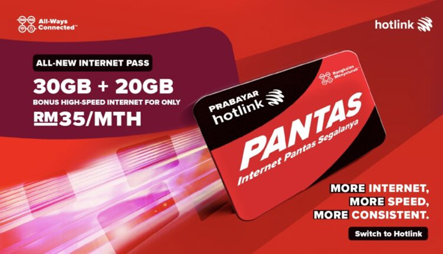 Hotlink Pantas RM35 配套送额外20GB Data