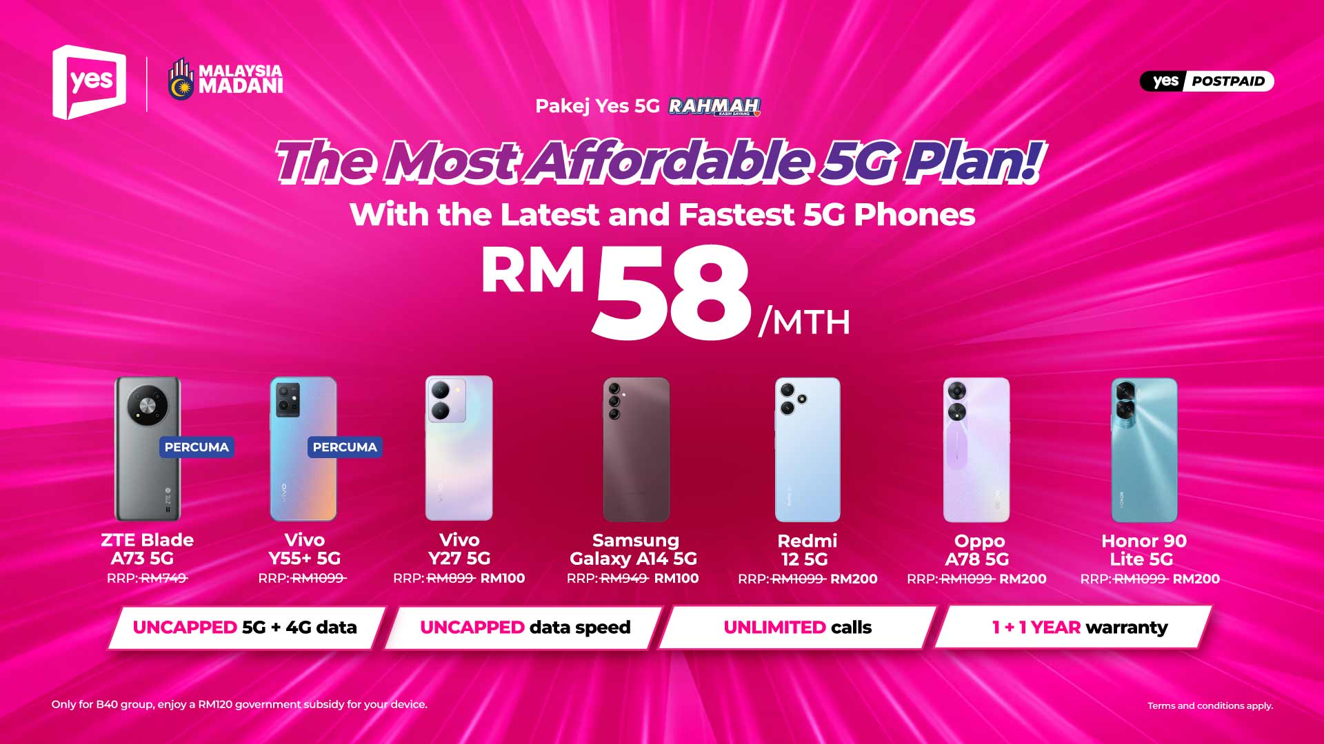 Yes 5G 推爱心5G网络配套：100GB Data 月费仅RM35 5