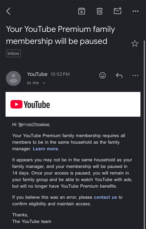 YouTube Premium Family成员住不同地址将被封