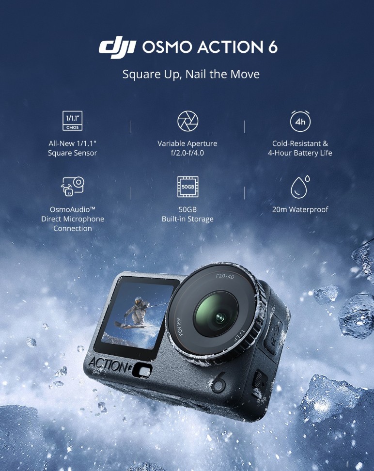 DJI 发布全新 Osmo Action 6：首度采用可变光圈、搭载 1/1.1 英寸方形 CMOS 传感器 2