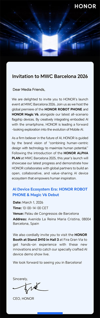 HONOR Magic V6将于3月1日MWC全球发布! HONOR Magic V6