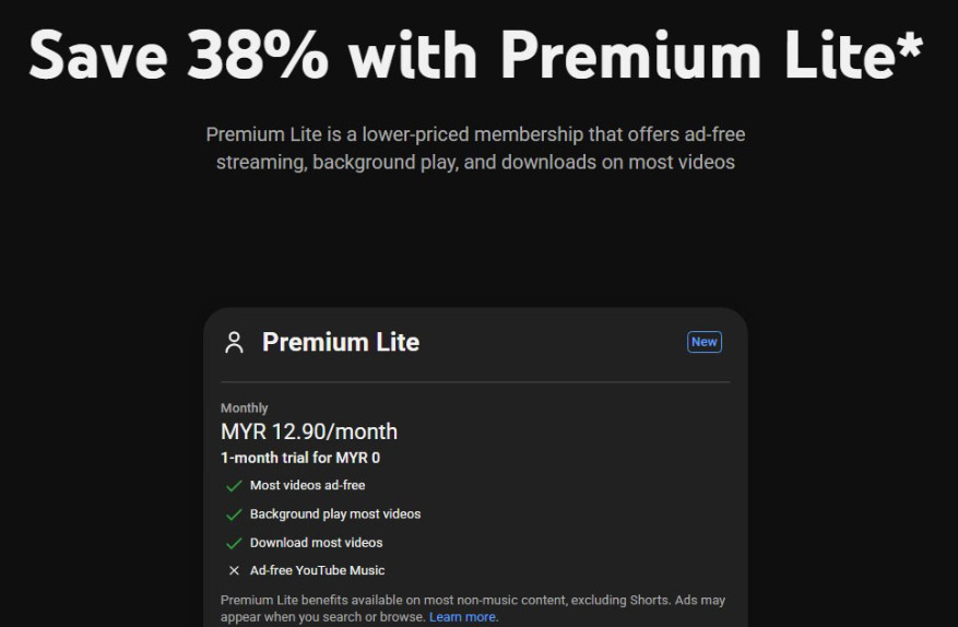 YouTube Premium Lite大马发布：每月RM12.90！ 1