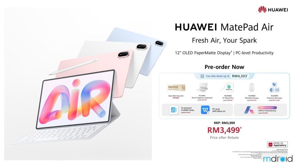 HUAWEI MatePad Air正式登陆马来西亚:5.3mm超薄机身、2.8K OLED柔光屏,售价RM3,999 HUAWEI MatePad Air正式登陆马来西亚:5.3mm超薄机身、2.8K OLED柔光屏,售价RM3,999
