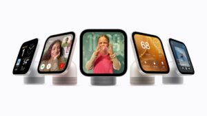 Apple HomeView官方产品图，展示FaceTime、照片与智能家居控制界面