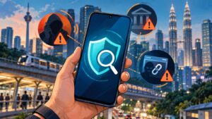 2027预算案AI防诈骗App示意图：手机盾牌与电话号码、银行户口和链接风险图标