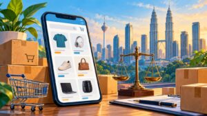 2027预算案新电商法示意图：网购手机、包裹与天平