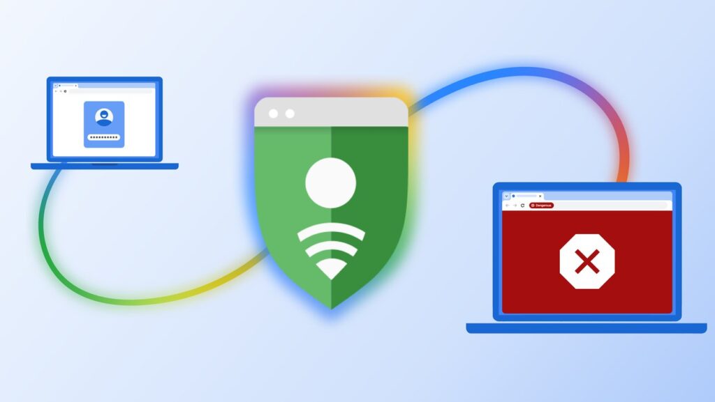 Google Chrome升级AI防诈骗!Gemini识别假网站,复制恶意指令也会警告 Google Chrome安全浏览防诈骗官方插画