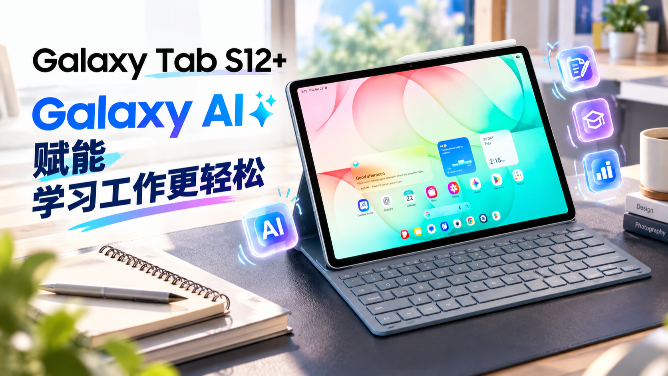Samsung Galaxy Tab S12+ 搭配 S Pen 与 Book Cover 键盘，展示 AI 学习与工作应用