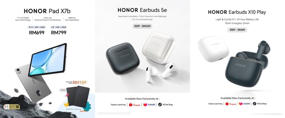 HONOR Pad X7b、Earbuds 5e及Earbuds X10 Play马来西亚官方售价