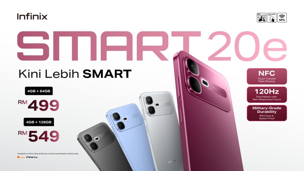 Infinix SMART 20e大马官方海报，64GB售价RM499、128GB售价RM549
