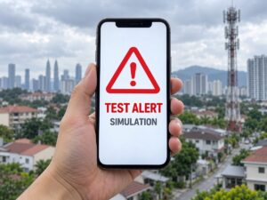 MCMC CBS手机灾难警报测试示意图，手机显示TEST ALERT与SIMULATION