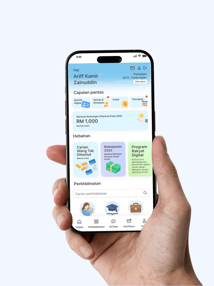 MyGOV Malaysia官方应用界面与手持手机示意图